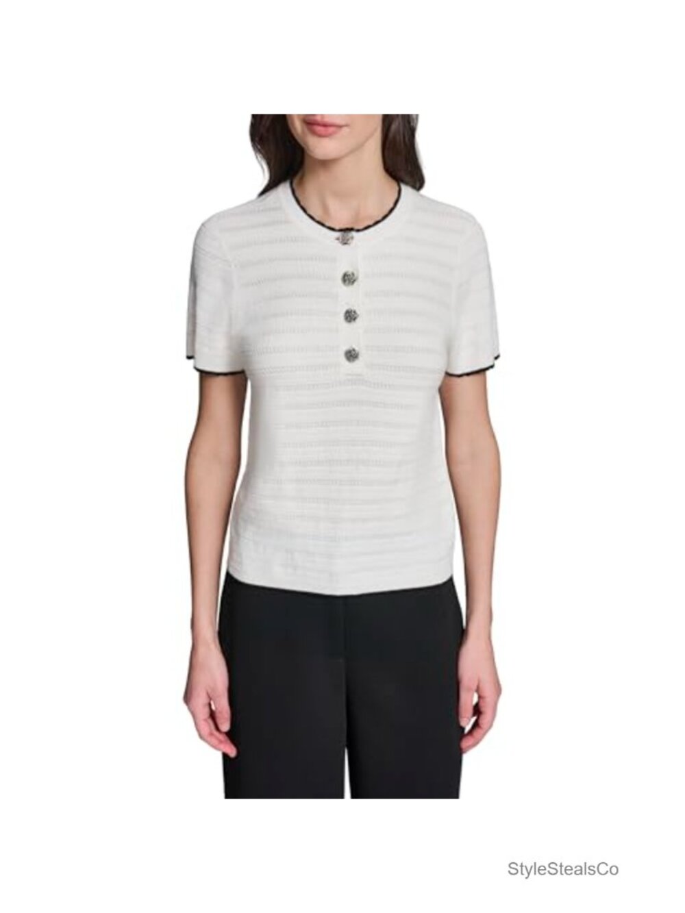 Rosette Button Crew Neck Sweater Pullover